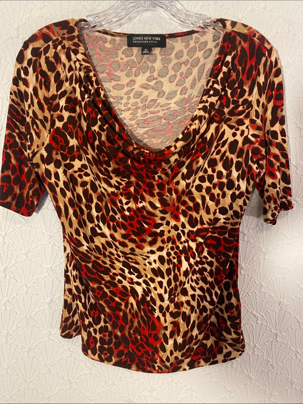 Jones New York Red and Tan Leopard Print Cowl Neck Short Sleeve Top